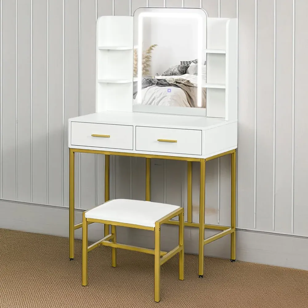 2 Drawer 4 Shelf Makeup Vanity Desk Set with Lighting Mirror - White image