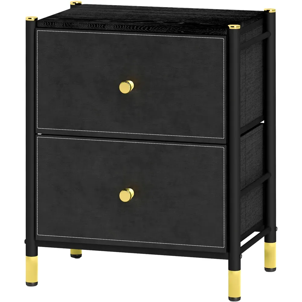 2 Drawer Bedside Table - Black, PU Leather