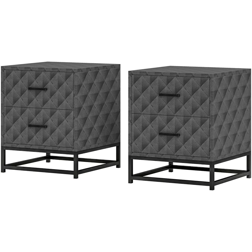 2 Drawer Bedside Table Set of 3 - Grey