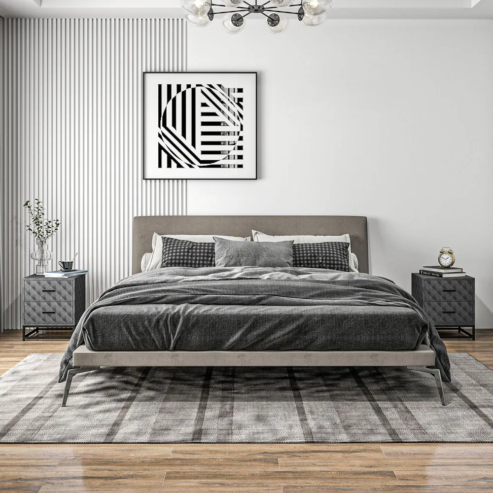 2 Drawer Bedside Table Set of 3 - Grey