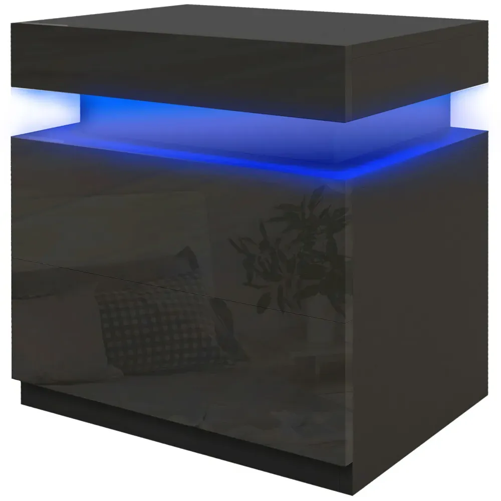 2 Drawer Bedside Table with LED Light - Black, High Gloss