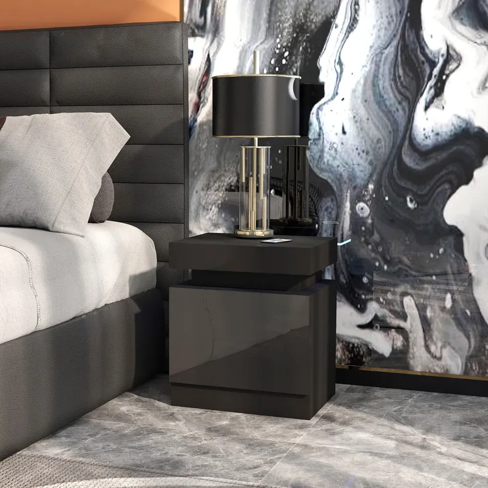 2 Drawer Bedside Table with LED Light - Black, High Gloss