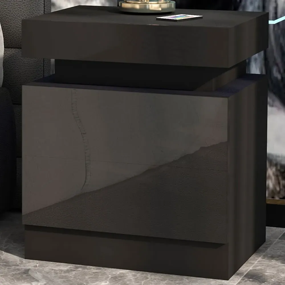 2 Drawer Bedside Table with LED Light - Black, High Gloss