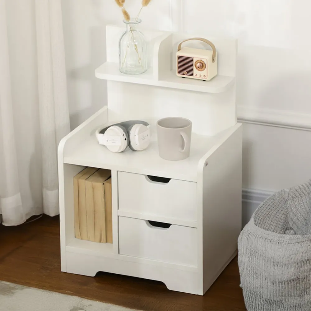 2 Drawer Bedside Table with Shelf - White