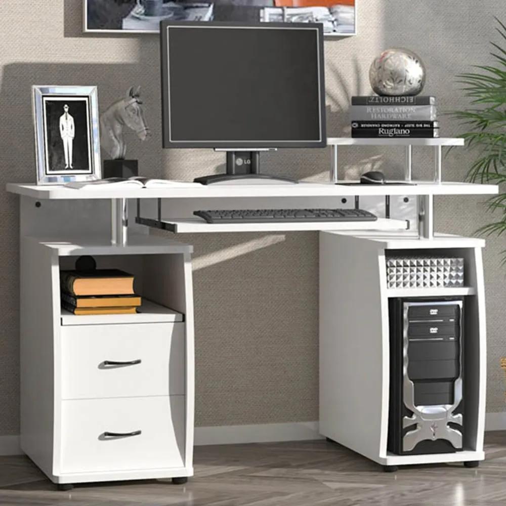 2 Drawer Computer Desk with Printer Shelf - White