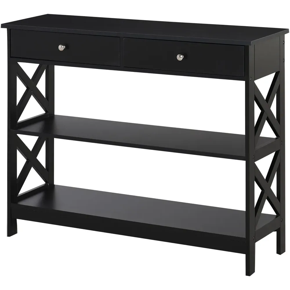 2 Drawer Console Table with Shelves - Black