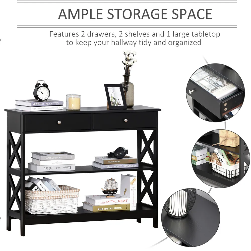 2 Drawer Console Table with Shelves - Black