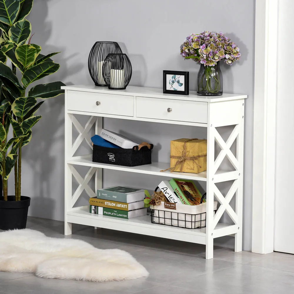 2 Drawer Console Table with Shelves - White