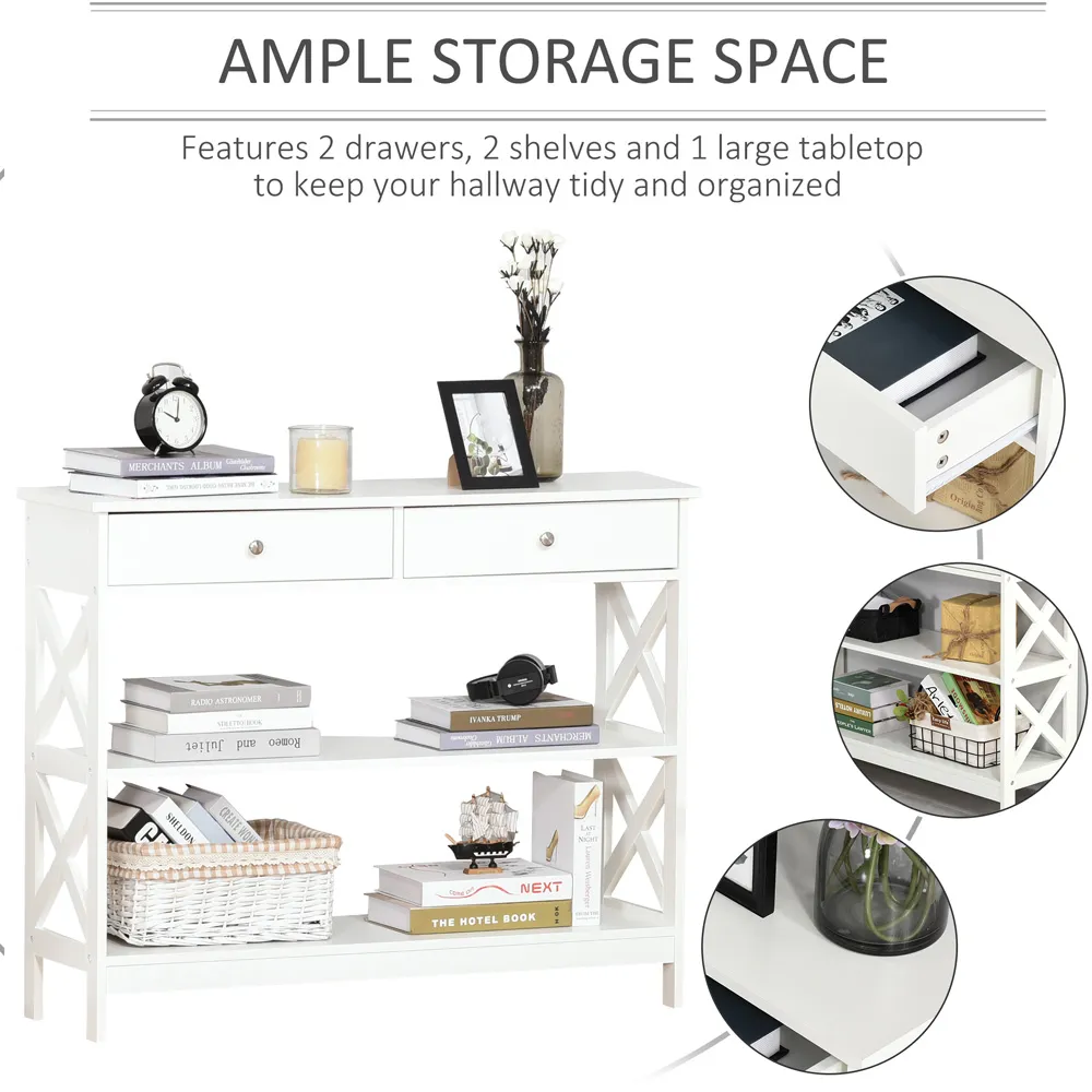 2 Drawer Console Table with Shelves - White