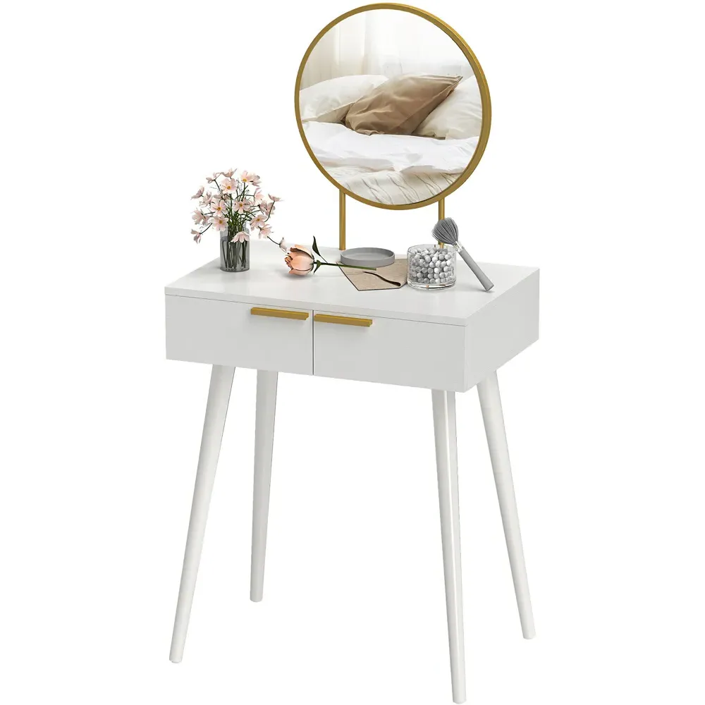 2 Drawer Dressing Table with Round Mirror - White