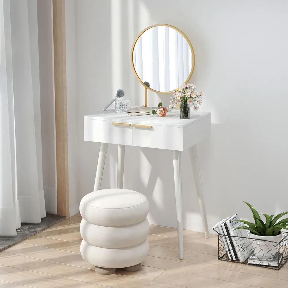2 Drawer Dressing Table with Round Mirror - White