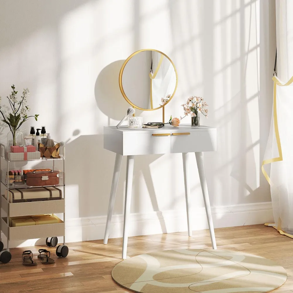2 Drawer Dressing Table with Round Mirror - White