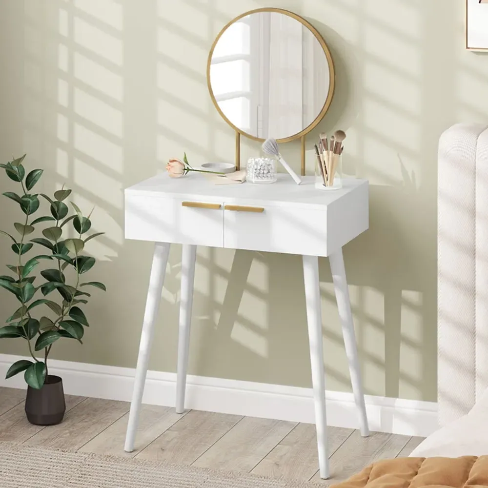 2 Drawer Dressing Table with Round Mirror - White image