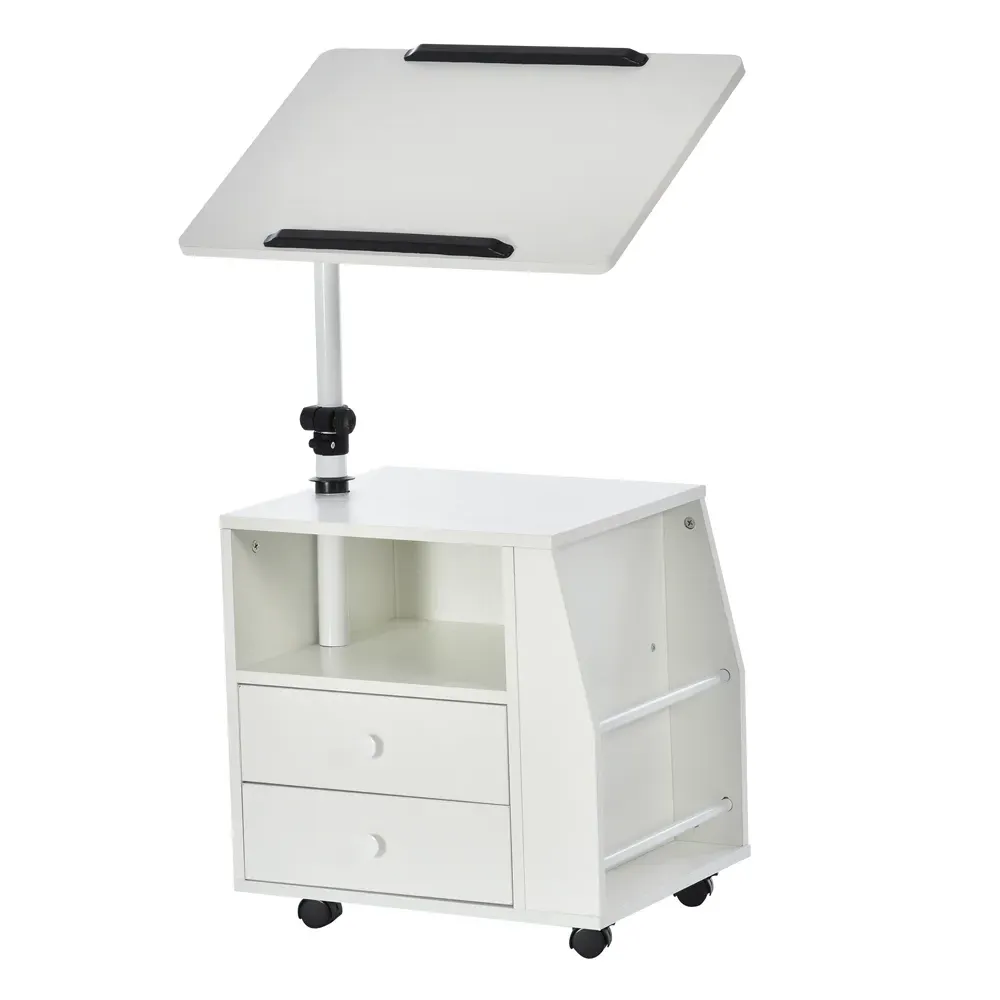 2 Drawer Swivel Bedside Table with Wheels - White