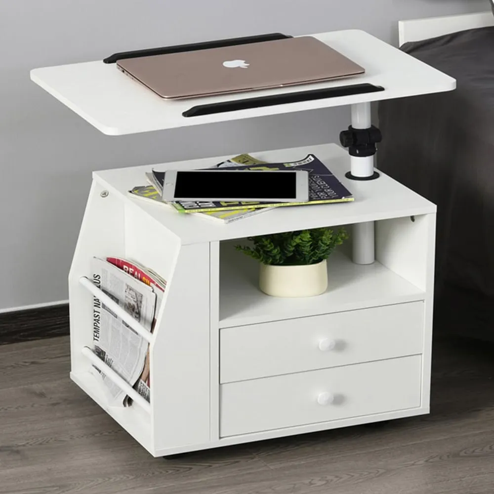 2 Drawer Swivel Bedside Table with Wheels - White