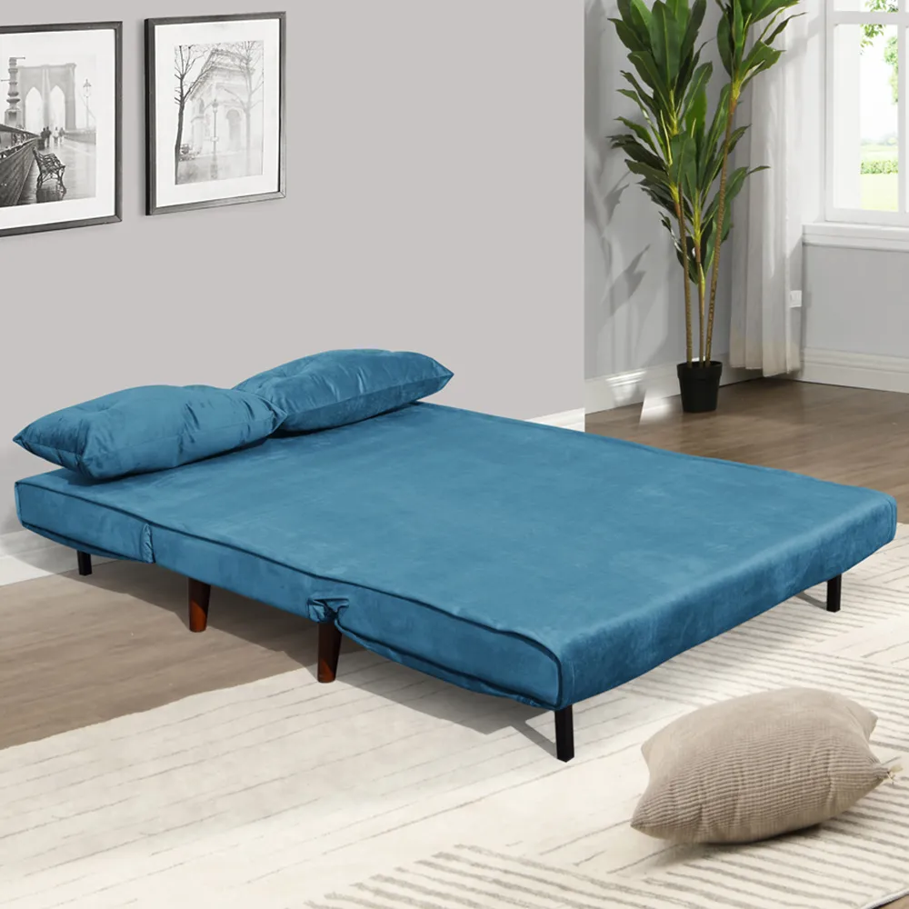 2-Seater Sofa Bed with Fold-Out Design - Blue, Velvet