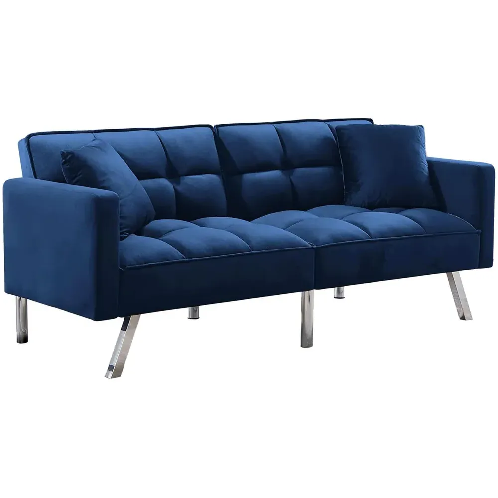 2-Seater Sofa Bed with Pillows - Blue, Velvet