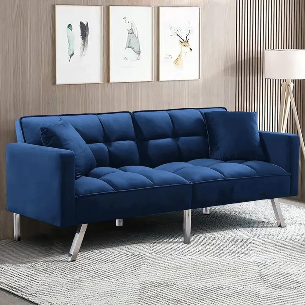 2-Seater Sofa Bed with Pillows - Blue, Velvet image