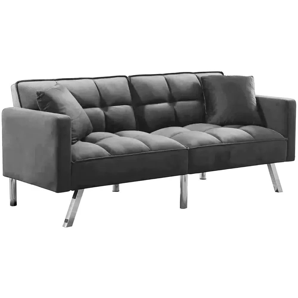 2-Seater Sofa Bed with Pillows - Grey, Velvet