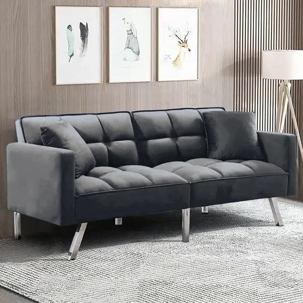 2-Seater Sofa Bed with Pillows - Grey, Velvet