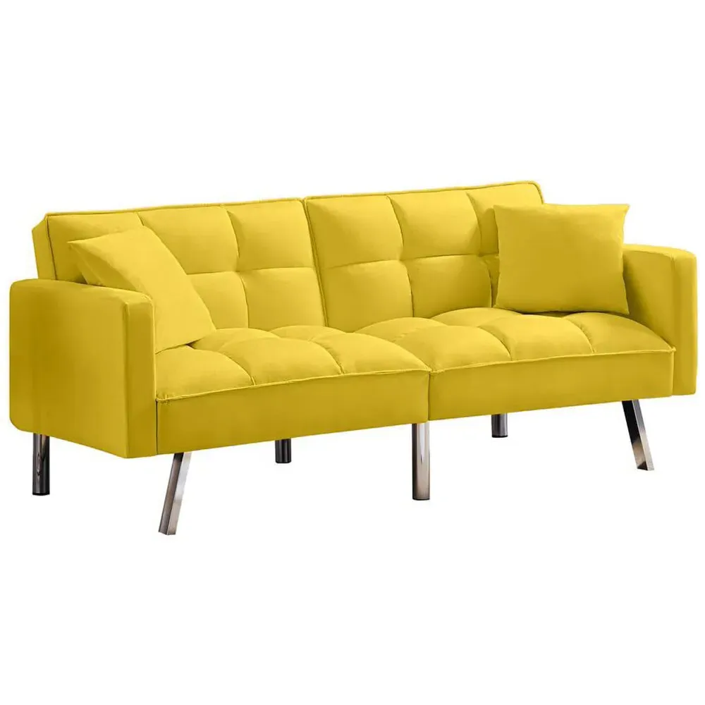 2-Seater Sofa Bed with Pillows - Yellow, Velvet