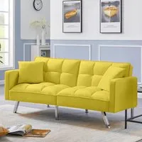 2-Seater Sofa Bed with Pillows - Yellow, Velvet