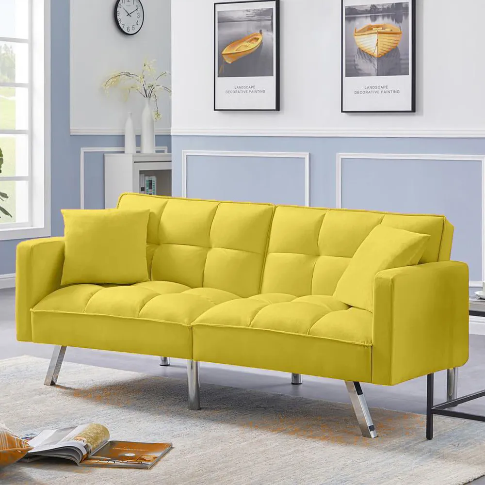 2-Seater Sofa Bed with Pillows - Yellow, Velvet