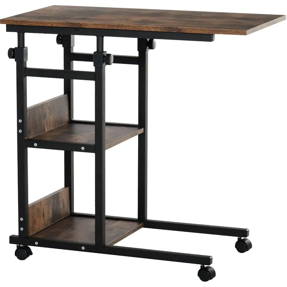 2 Shelf C-Shaped Side Table with Wheels - Brown, Metal