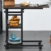 2 Shelf C-Shaped Side Table with Wheels - Brown, Metal