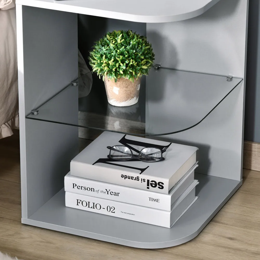 2 Shelf Corner Side Table with Glass Shelf - Grey