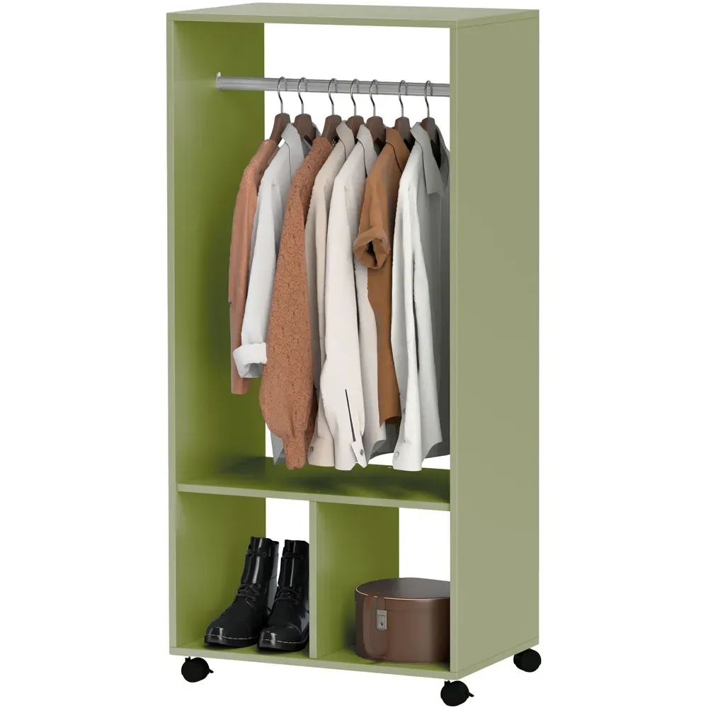 2 Shelf Rolling Open Wardrobe with Hanging Rail - Green