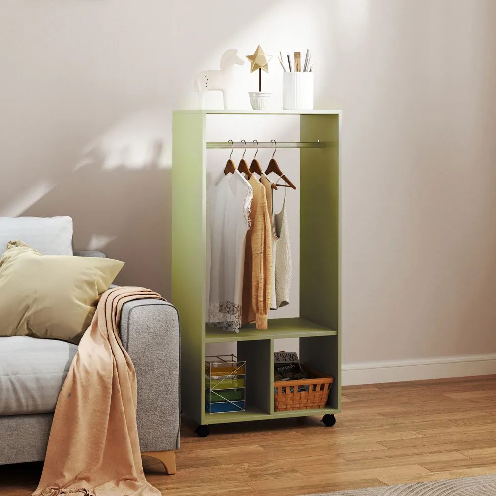 2 Shelf Rolling Open Wardrobe with Hanging Rail - Green