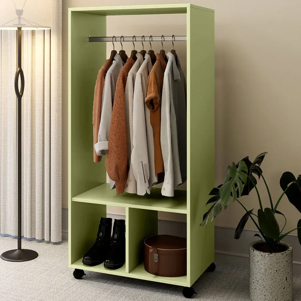 2 Shelf Rolling Open Wardrobe with Hanging Rail - Green image