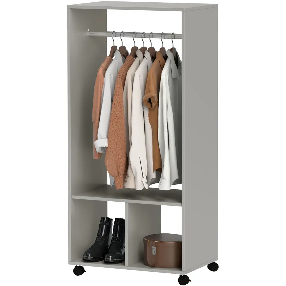 2 Shelf Rolling Open Wardrobe with Hanging Rail - Grey