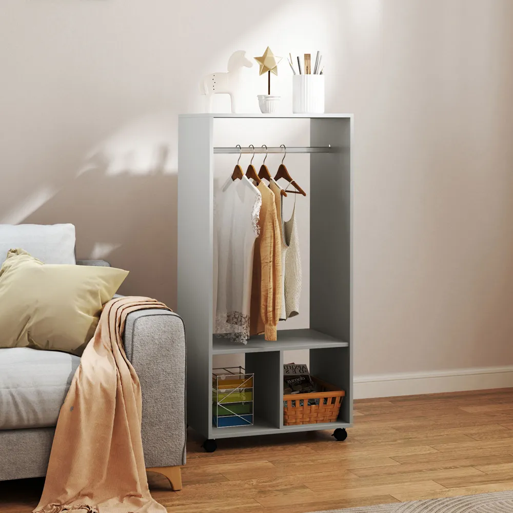 2 Shelf Rolling Open Wardrobe with Hanging Rail - Grey