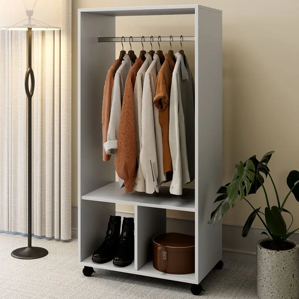 2 Shelf Rolling Open Wardrobe with Hanging Rail - Grey