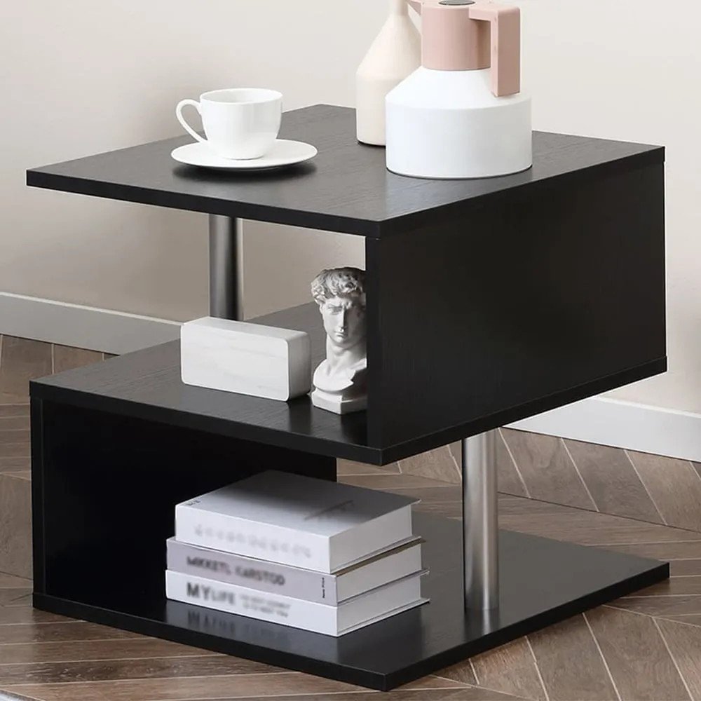 2 Shelf S-Shaped Side Table - Black, Wood Grain