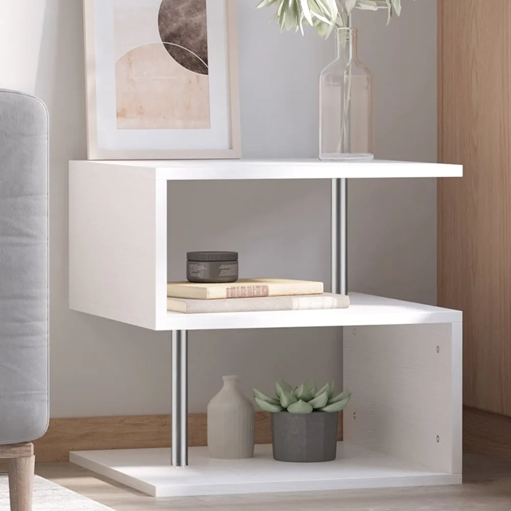 2 Shelf S-Shaped Side Table - White, Wood Grain