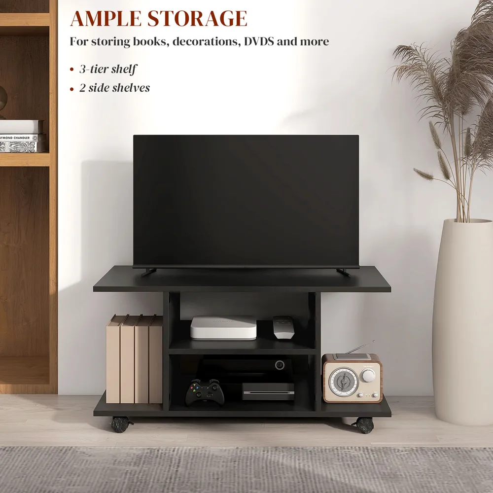 2 Shelf TV Unit with Casters - Black