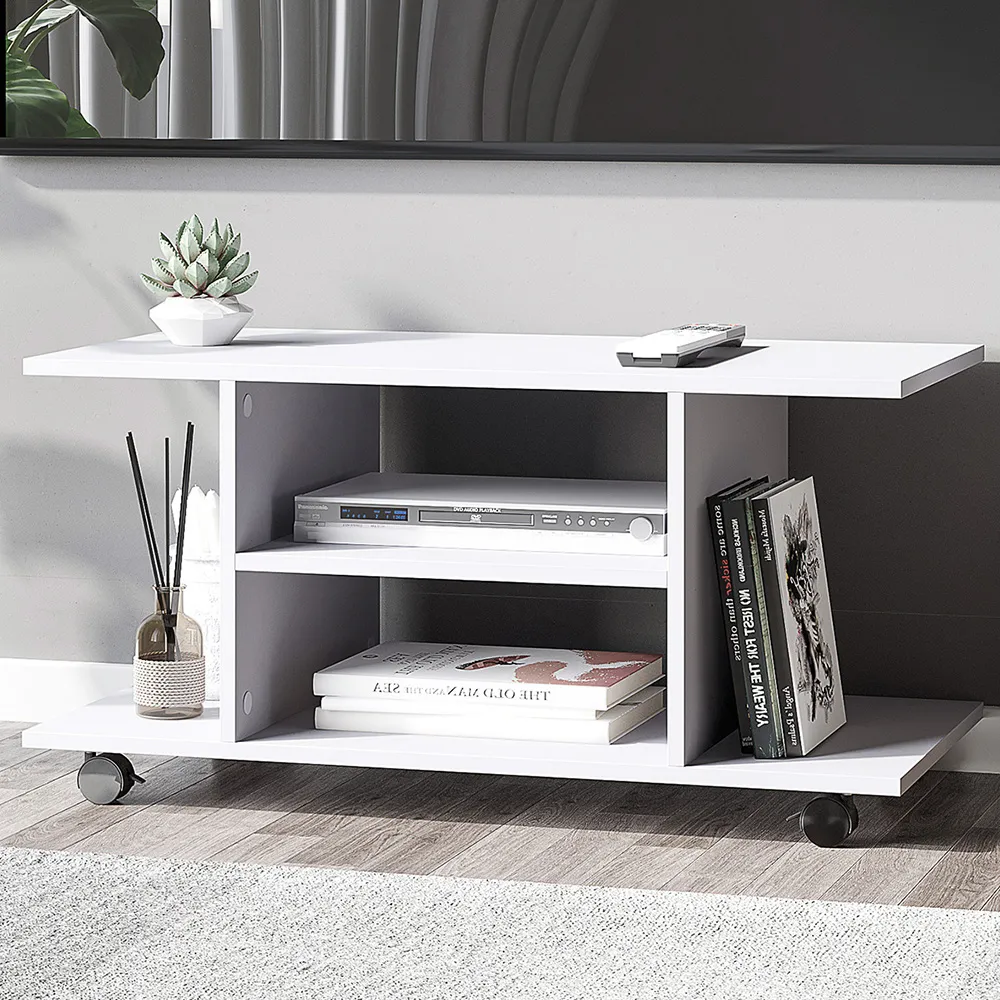 2 Shelf TV Unit with Casters - White
