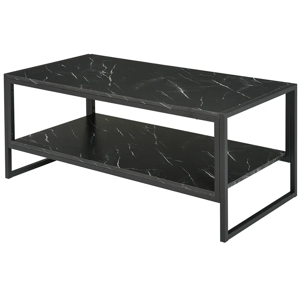 2 Tier Coffee Table with Storage - Black, Marble Print