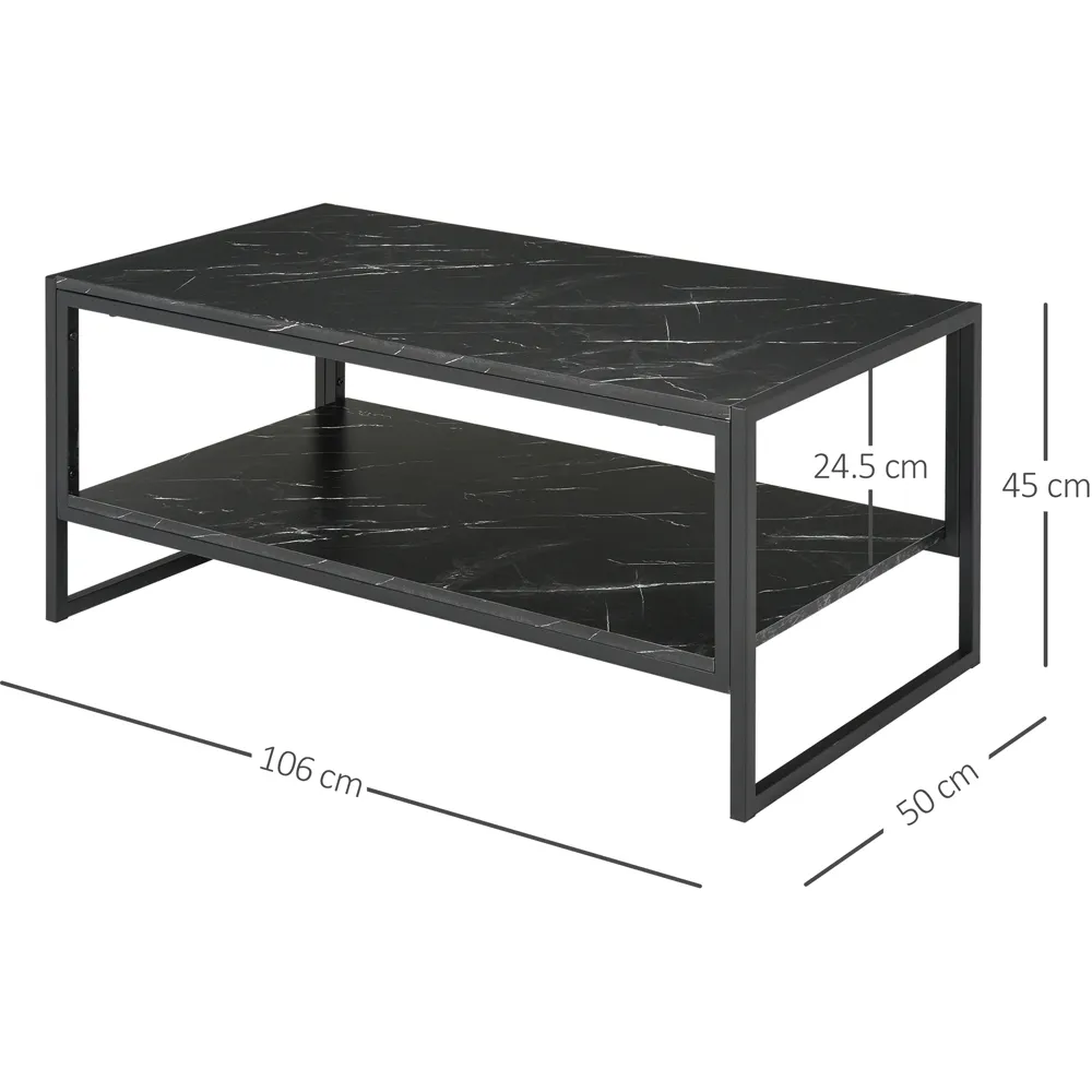 2 Tier Coffee Table with Storage - Black, Marble Print