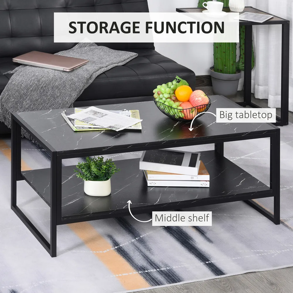 2 Tier Coffee Table with Storage - Black, Marble Print