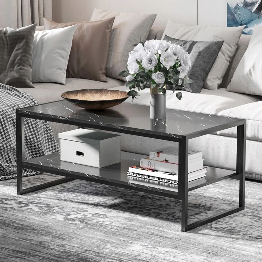 2 Tier Coffee Table with Storage - Black, Marble Print