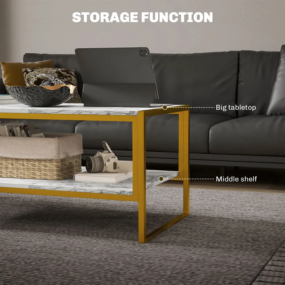 2 Tier Coffee Table with Storage - White, Marble Effect