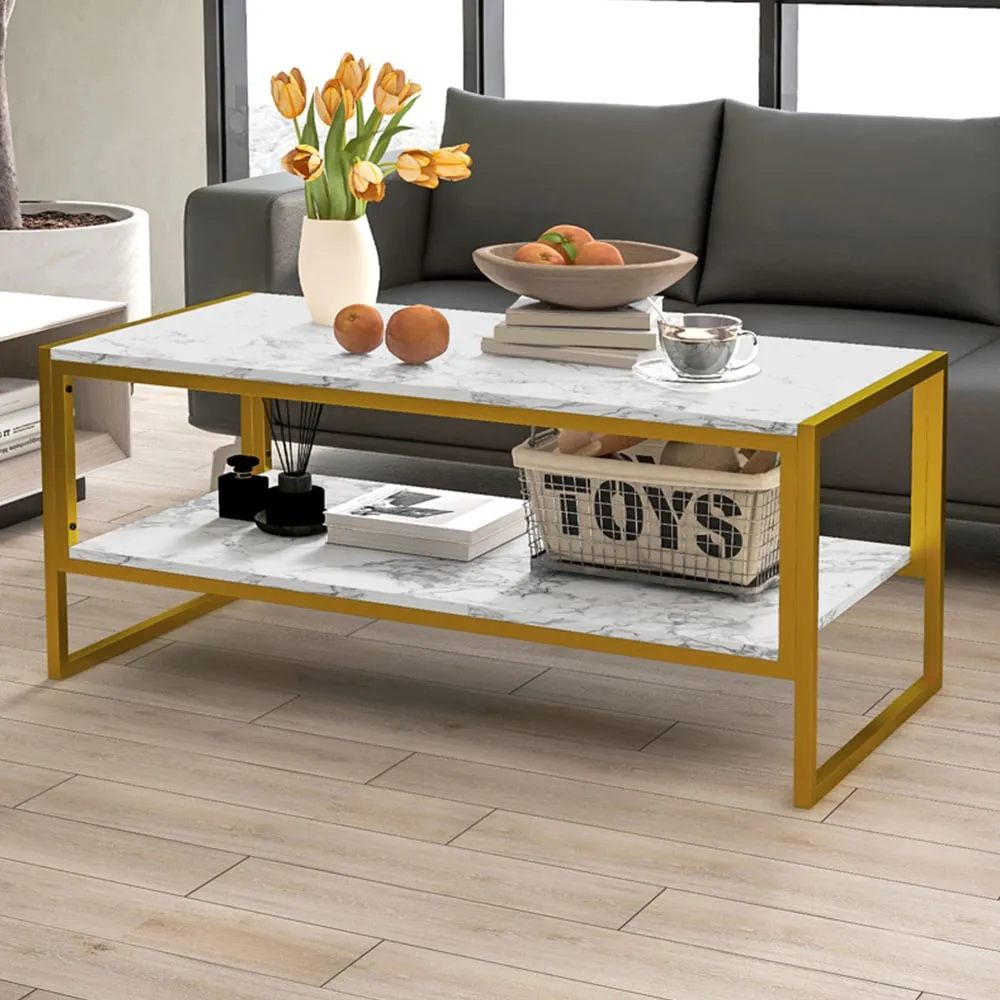 2 Tier Coffee Table with Storage - White, Marble Effect