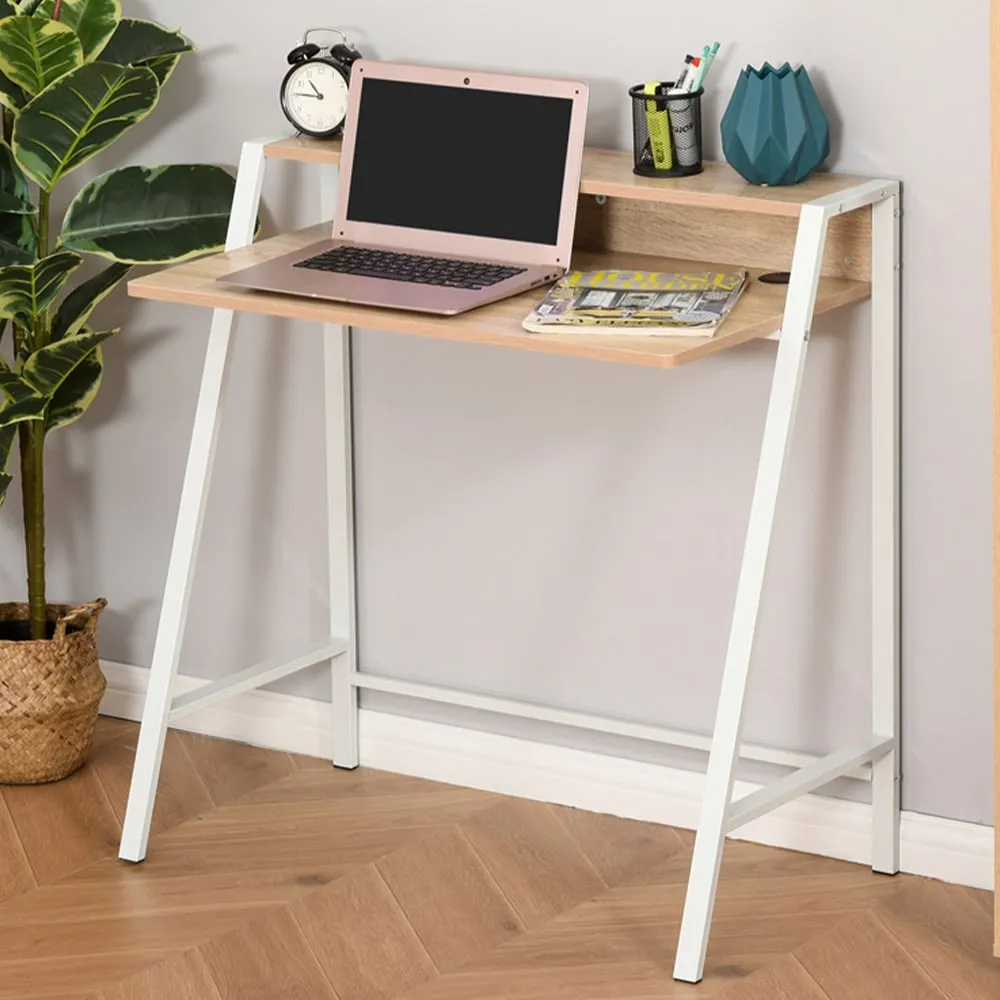 2-Tier Metal Frame Desk with Storage - Brown