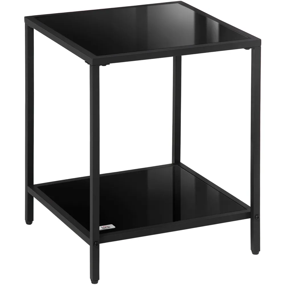2-Tier Side Table with Glass Top - Black