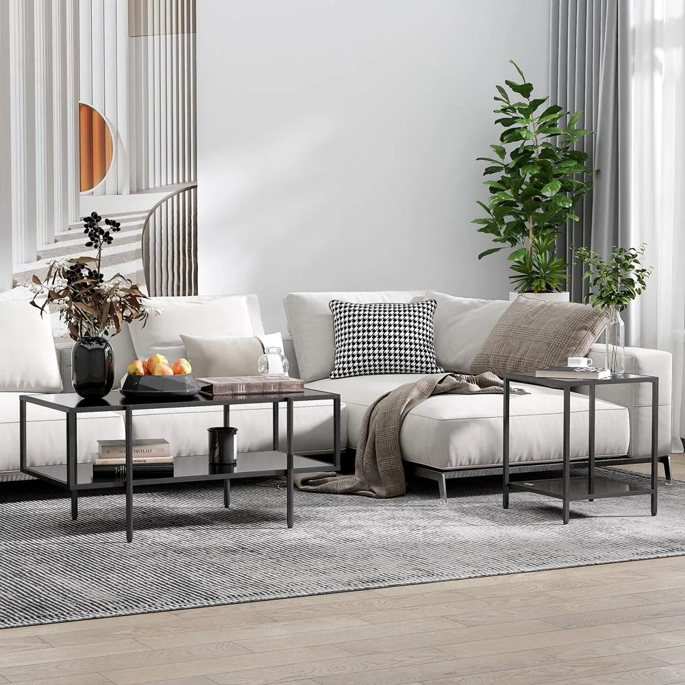 2-Tier Side Table with Glass Top - Black