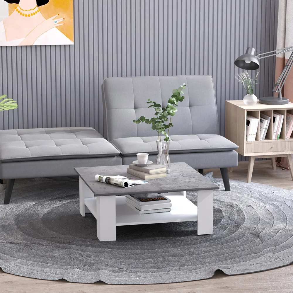 2 Tier Square Coffee Table with Storage - Cement Grey
